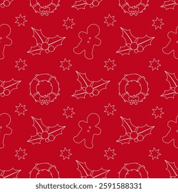 Seamless pattern with holly, gingerbread man, Christmas wreath and stars. Vector illustration in line style for your design.