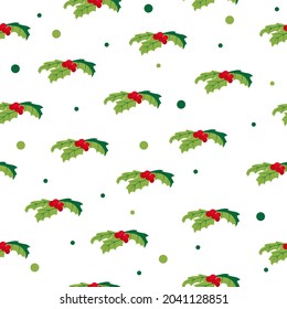 Seamless pattern of Holly, Ilex Branch with Berry and Leaves, Mistletoe. Christmas, New Year Holiday Celebration Symbol.  Vector Illustration on a transparent background.  Great for textile, fabric.