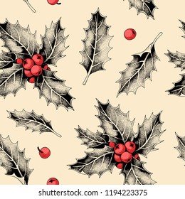 Seamless pattern with holly leaves and berries