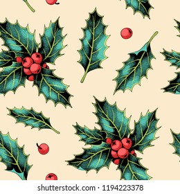 Seamless pattern with holly leaves and berries