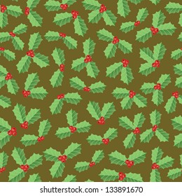 A seamless pattern of holly leaves and berries.