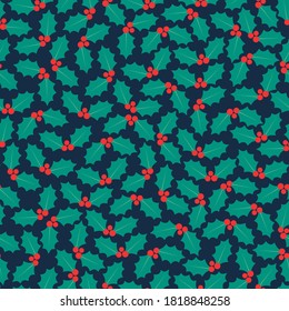 Seamless pattern with holly leaves and berries, winter decor. Vector illustration.