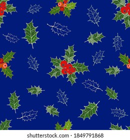 Seamless pattern with holly leaves and berries. Christmas symbol of longevity. Suitable for holiday packaging design.