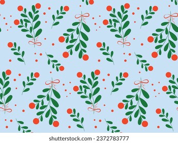 Seamless pattern of holly leaves with berries on a blue background, Christmas background with red and green Christmas leaf, vector illustration