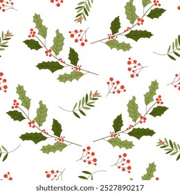 Patrón sin fisuras con hojas de acebo y bayas sobre un fondo blanco. Ideal para el papel de embalaje de vacaciones o diseños textiles.