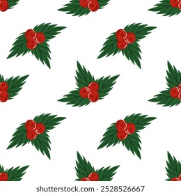 Padrão sem emenda de folhas de azevinho e bagas em estilo plano sobre fundo branco. Perfeito para o design de Natal, papel de embrulho festivo, decoração sazonal, cartões de felicitações e projeto de férias.