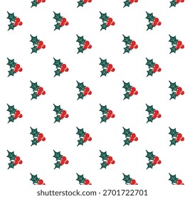 Seamless pattern with holly leaves and berries. Vector nature Christmas background. 