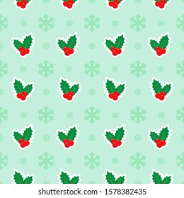 Seamless pattern with holly leaves and berrieswith snow flake
