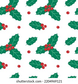 Seamless pattern with holly leaves with red berries. Holly leaves. Christmas symbol. Vector illustration in a flat style.