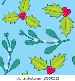 A seamless pattern of holly and mistletoe sprigs.