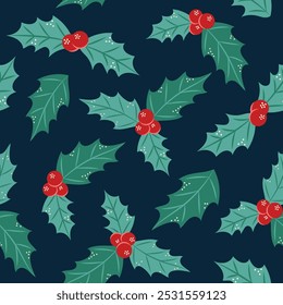 Seamless pattern with holly on dark background. Christmas and New Year. Vector illustration.