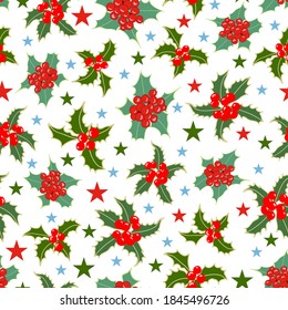 Seamless pattern holly plants and stars