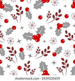 Seamless pattern with holly and snowflakes