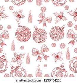 Seamless Pattern with Holly, Snowflakes and Tree Ornament.Vector illustration. Cute Christmas background for wallpaper, gift paper, pattern fills, textile, greetings cards.