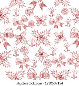 Seamless Pattern with Holly, Snowflakes and Tree Ornament.Vector illustration. Cute Christmas background for wallpaper, gift paper, pattern fills, textile, greetings cards.