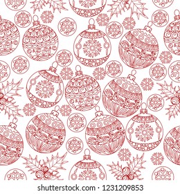 Seamless Pattern with Holly, Snowflakes and Tree Ornament.Vector illustration. Cute Christmas background for wallpaper, gift paper, pattern fills, textile, greetings cards.