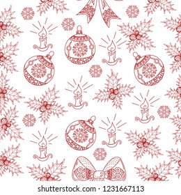 Seamless Pattern with Holly, Snowflakes and Tree Ornament.Vector illustration. Cute Christmas background for wallpaper, gift paper, pattern fills, textile, greetings cards.