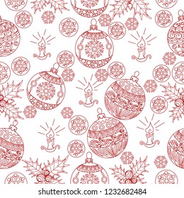 Seamless Pattern with Holly, Snowflakes and Tree Ornament.Vector illustration. Cute Christmas background for wallpaper, gift paper, pattern fills, textile, greetings cards.