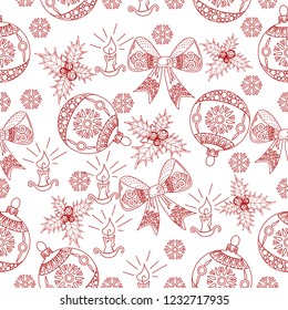 Seamless Pattern with Holly, Snowflakes and Tree Ornament.Vector illustration. Cute Christmas background for wallpaper, gift paper, pattern fills, textile, greetings cards.