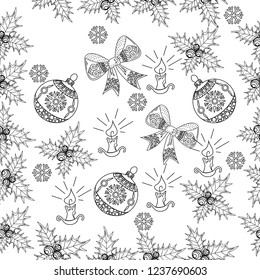 Seamless Pattern with Holly, Snowflakes and Tree Ornament.Vector illustration. Cute Christmas background for wallpaper, gift paper, pattern fills, textile, greetings cards.