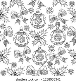Seamless Pattern with Holly, Snowflakes and Tree Ornament.Vector illustration. Cute Christmas background for wallpaper, gift paper, pattern fills, textile, greetings cards.
