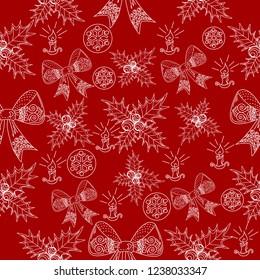 Seamless Pattern with Holly, Snowflakes and Tree Ornament.Vector illustration. Cute Christmas background for wallpaper, gift paper, pattern fills, textile, greetings cards.