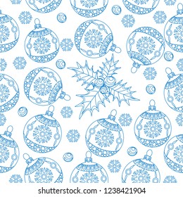 Seamless Pattern with Holly, Snowflakes and Tree Ornament.Vector illustration. Cute Christmas background for wallpaper, gift paper, pattern fills, textile, greetings cards.