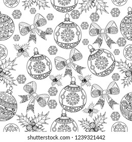 Seamless Pattern with Holly, Snowflakes and Tree Ornament.Vector illustration. Cute Christmas background for wallpaper, gift paper, pattern fills, textile, greetings cards.