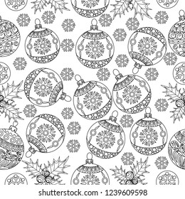 Seamless Pattern with Holly, Snowflakes and Tree Ornament.Vector illustration. Cute Christmas background for wallpaper, gift paper, pattern fills, textile, greetings cards.