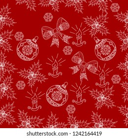 Seamless Pattern with Holly, Snowflakes and Tree Ornament.Vector illustration. Cute Christmas background for wallpaper, gift paper, pattern fills, textile, greetings cards.
