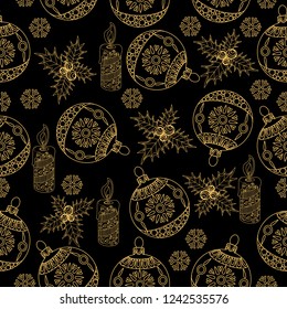 Seamless Pattern with Holly, Snowflakes and Tree Ornament.Vector illustration. Cute Christmas background for wallpaper, gift paper, pattern fills, textile, greetings cards.