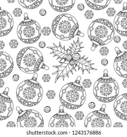 Seamless Pattern with Holly, Snowflakes and Tree Ornament.Vector illustration. Cute Christmas background for wallpaper, gift paper, pattern fills, textile, greetings cards.