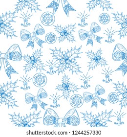 Seamless Pattern with Holly, Snowflakes and Tree Ornament.Vector illustration. Cute Christmas background for wallpaper, gift paper, pattern fills, textile, greetings cards.
