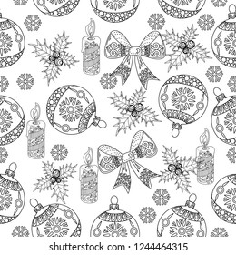 Seamless Pattern with Holly, Snowflakes and Tree Ornament.Vector illustration. Cute Christmas background for wallpaper, gift paper, pattern fills, textile, greetings cards.