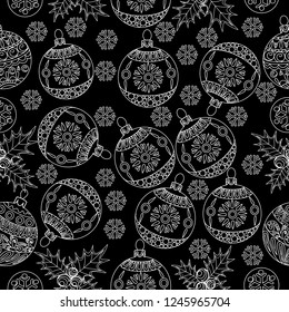 Seamless Pattern with Holly, Snowflakes and Tree Ornament.Vector illustration. Cute Christmas background for wallpaper, gift paper, pattern fills, textile, greetings cards.