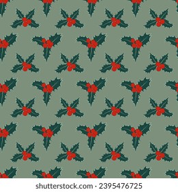 Seamless pattern of holly sprigs. Christmas symbol. Vector illustration for textiles, wrapping paper, flyers, posters, web content.