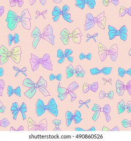 Seamless pattern with holographic bows. Cute template for fashion prints. Pink background. Vector illustration. 