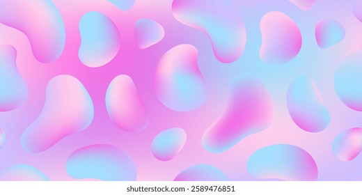 Seamless pattern with holographic gradient spots. Iridescent soft colors. Liquid neon forms. Fluid shapes set. Color gradient shapes, abstract colors blend mesh with soft light. Banner with copy space