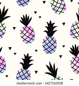 Seamless pattern of holographic pineapple with geometric ornament. Creative stylish background, trendy gradient. Vector illustration