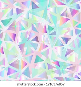 Seamless pattern with holographic sequins. Abstract, geometric, iridescent texture. Purple-turquoise triangles on a pink background.
