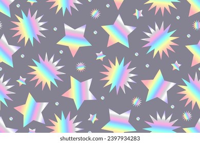 Seamless pattern with holographic stars. Colorful rainbow stars of different shapes and sizes on a gray background. Vector illustration.