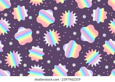 Seamless pattern with holographic stickers. Colorful rainbow flowers and dots of different shapes on a dark background. Vector illustration.