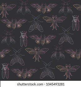 Seamless pattern with holography insect in outline and sketch style. Summer background. Editable vector illustration