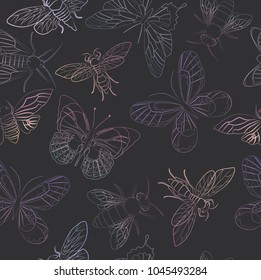 Seamless pattern with holography insect in outline and sketch style. Summer background. Editable vector illustration