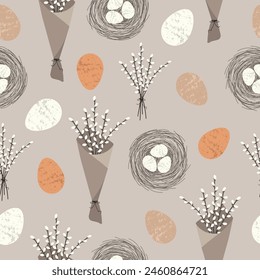 Seamless pattern for Holy Easter with Easter eggs, bouquet of willow in beige trend colors. Vector pattern for printing on paper, textile.