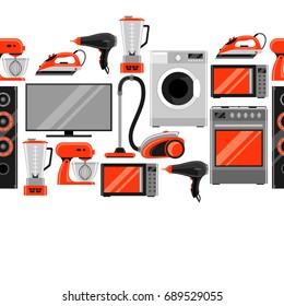 Seamless pattern with home appliances. Household items for sale and shopping advertising background.