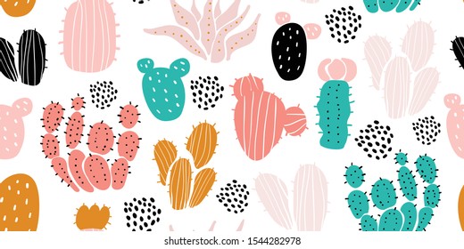 Seamless pattern with home cactuses, succulents in pots with leaves and polka dots in scandinavian style. Perfect for textile, wallpaper for kids. Scandinavian plants background in pastel colors