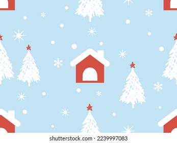 Seamless pattern with home cartoons, snowflakes and pine trees on blue background vector illustration. 