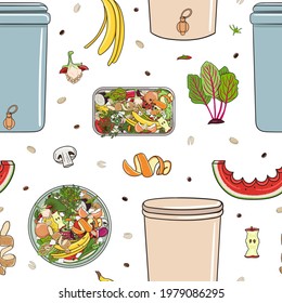 Seamless pattern with home composters, kitchen scraps. Recycling organic waste. Farming and agriculture. Home composting and zero waste concept. Hand drawn vector illustration.
