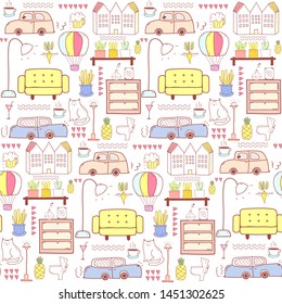 Seamless pattern with home furniture background. Vector illustration.